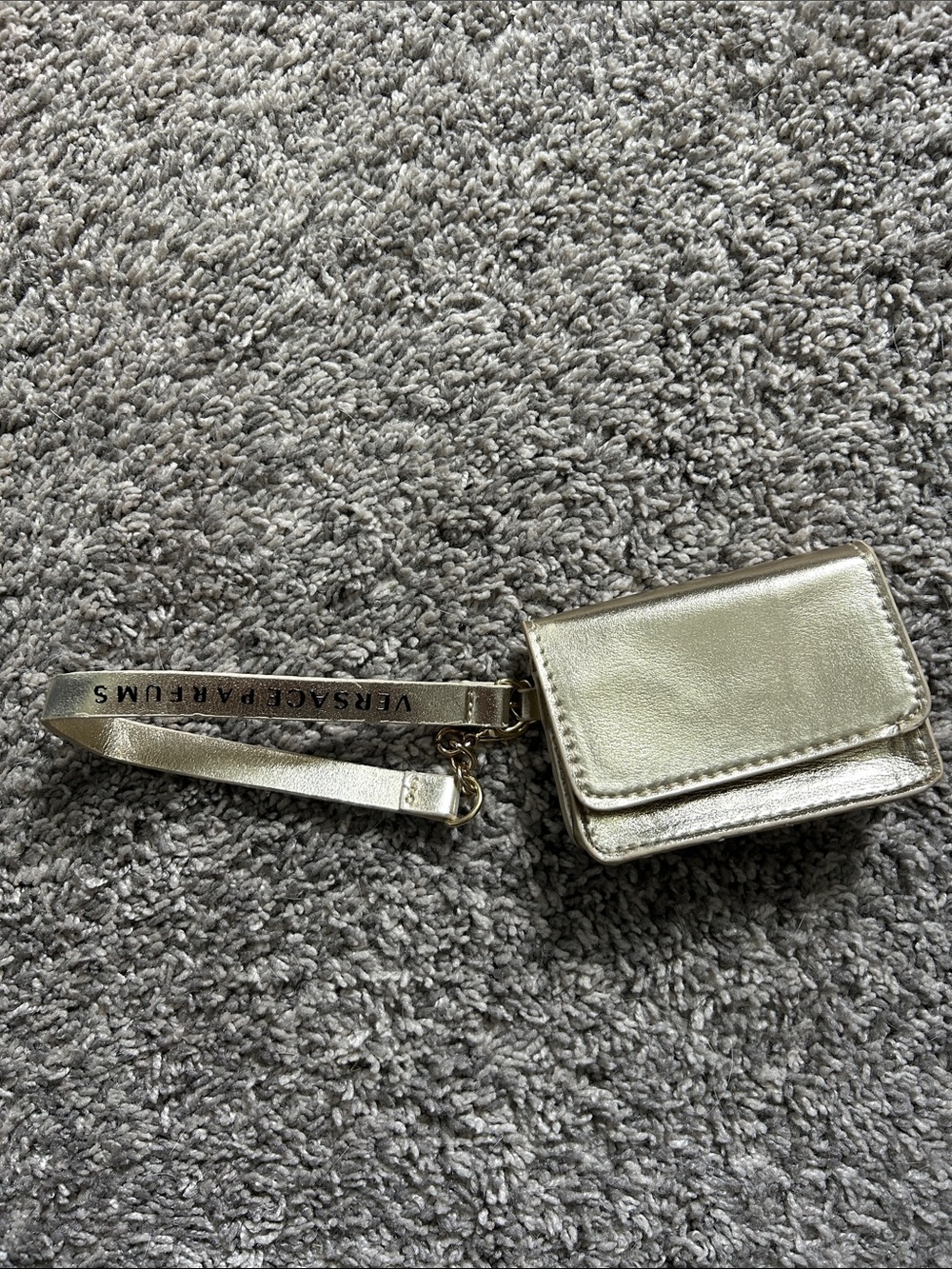 Versace Parfums Metallic Gold Micro Wristlet Card Case Mini Flap Pouch